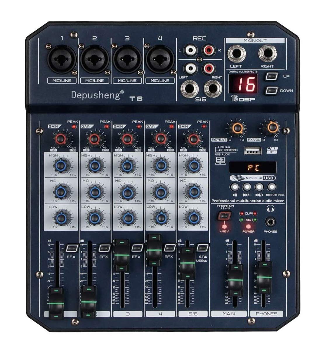 Depusheng T6 Audio Mixer 6-CHANNEL DJ Sound Controller Interface 